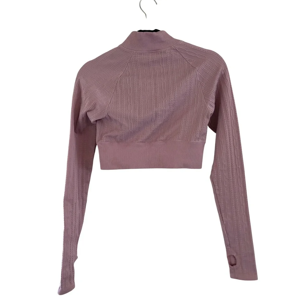 Alo Yoga Seamless Cable Knit Long Sleeve Crop Top Lavender Purple Mock Neck S